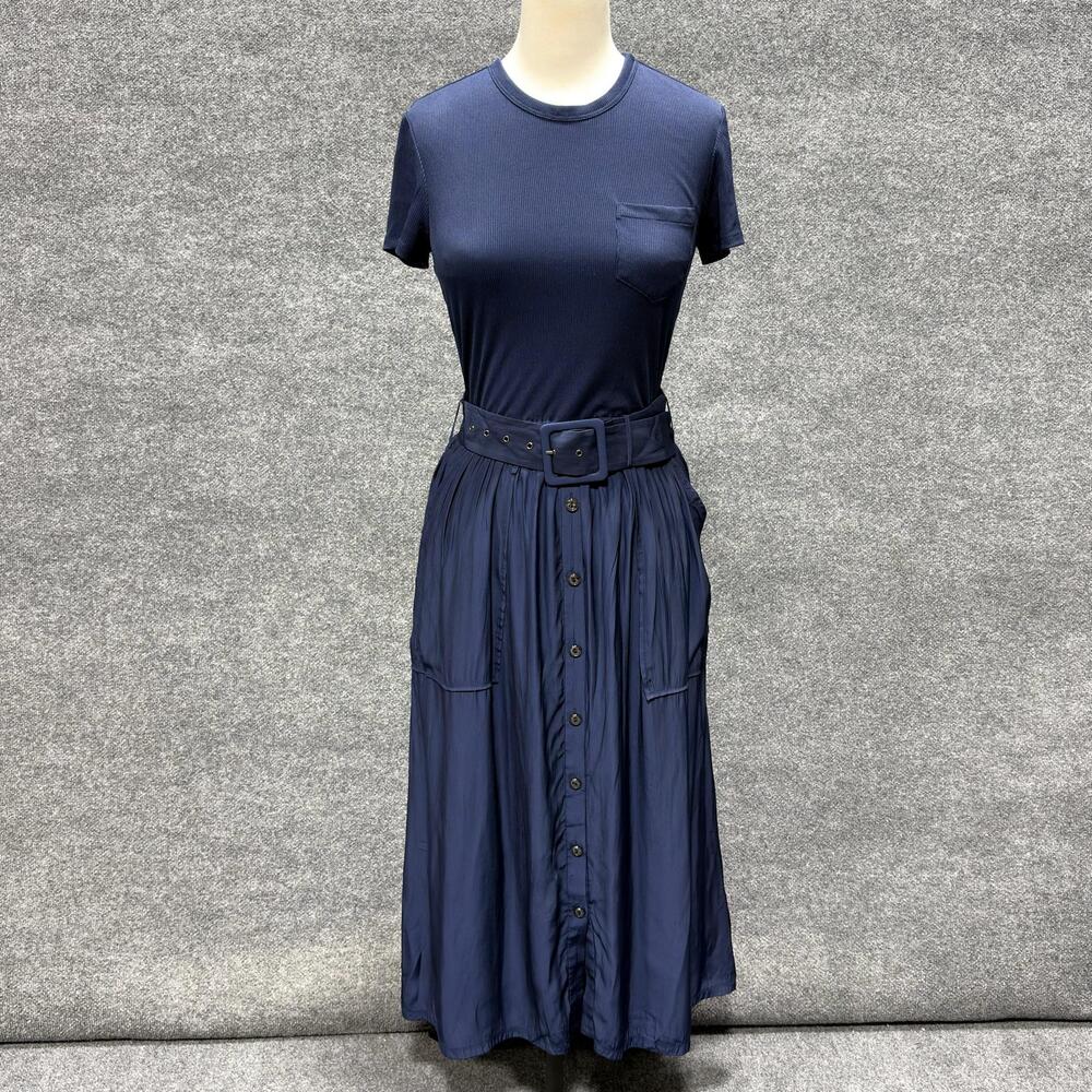 Ramy Brook Dress Womens S Navy Belted T Shirt Fit Flare Maxi Button Front